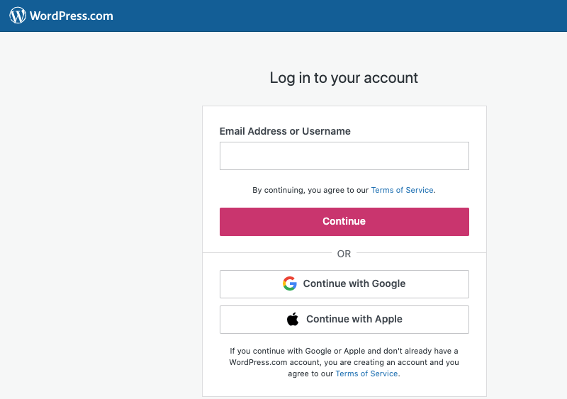 Wordpress login screen